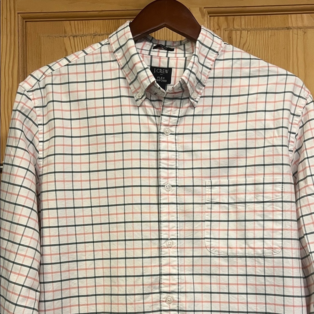 NWOT J. Crew Men's Checkered Shirt - White/ Green and Pink Flex Oxford Sz L